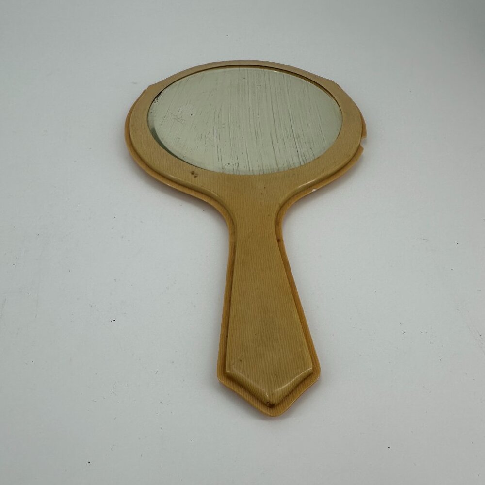 Vintage 1960s Faux‎ Wood 5" Hand Mirror Vanity Dresser Decor